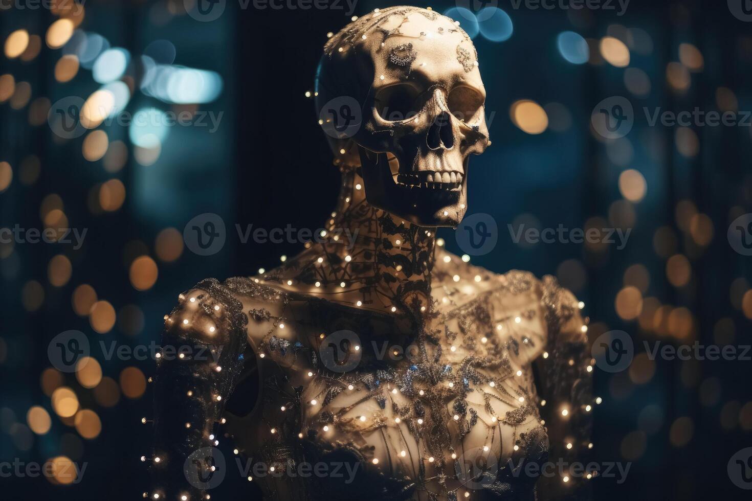 An innovative and elegant dress made of bones and skulls on a Mannequin with soft bokeh lights created with technology. photo