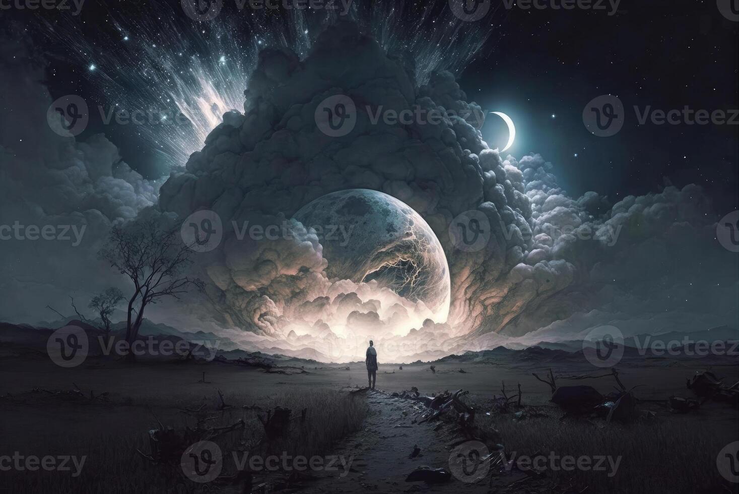 A lone person looks up at the stars of the Galaxy at night created with technology. photo
