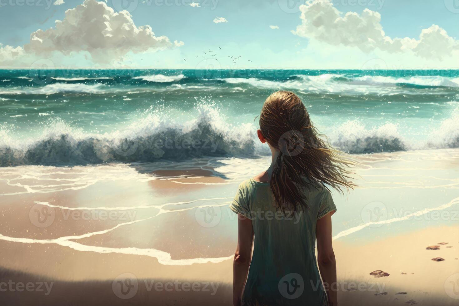 A young woman looks alone at the waves on a beach created with technology. photo