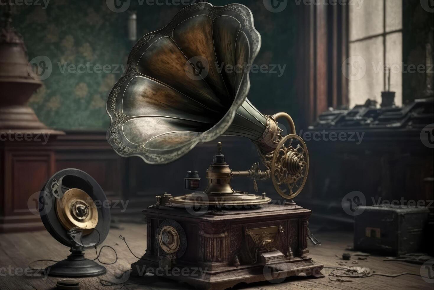 An old vintage gramophone in steampunk style stands in an almost empty room, some light falls through the window. Created with technology. photo