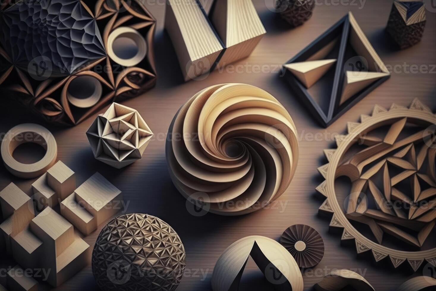 The beauty of mathematics - wooden geometric shapes created with technology. photo