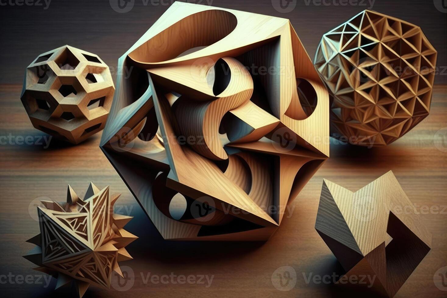 The beauty of mathematics - wooden geometric shapes created with technology. photo