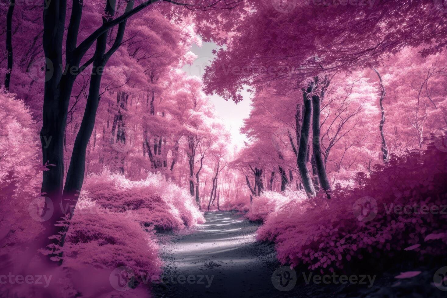 Beautiful pink infrared view into a forest with misty light created with technology. photo