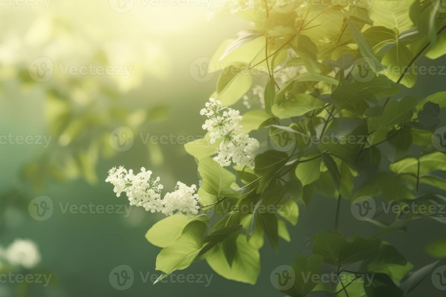 A beautiful spring background with leaves and little flowers on a light background created with technology. photo