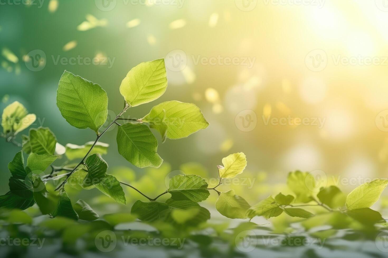 A beautiful spring background with leaves and little flowers on a light background created with technology. photo