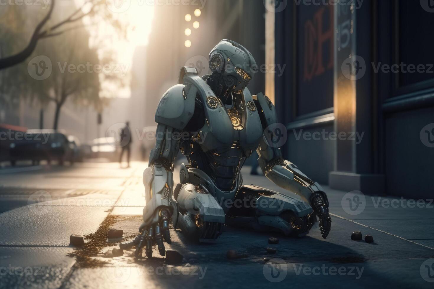 A homeless AI robot sitting on a street corner begging for a few coins created with technology. photo