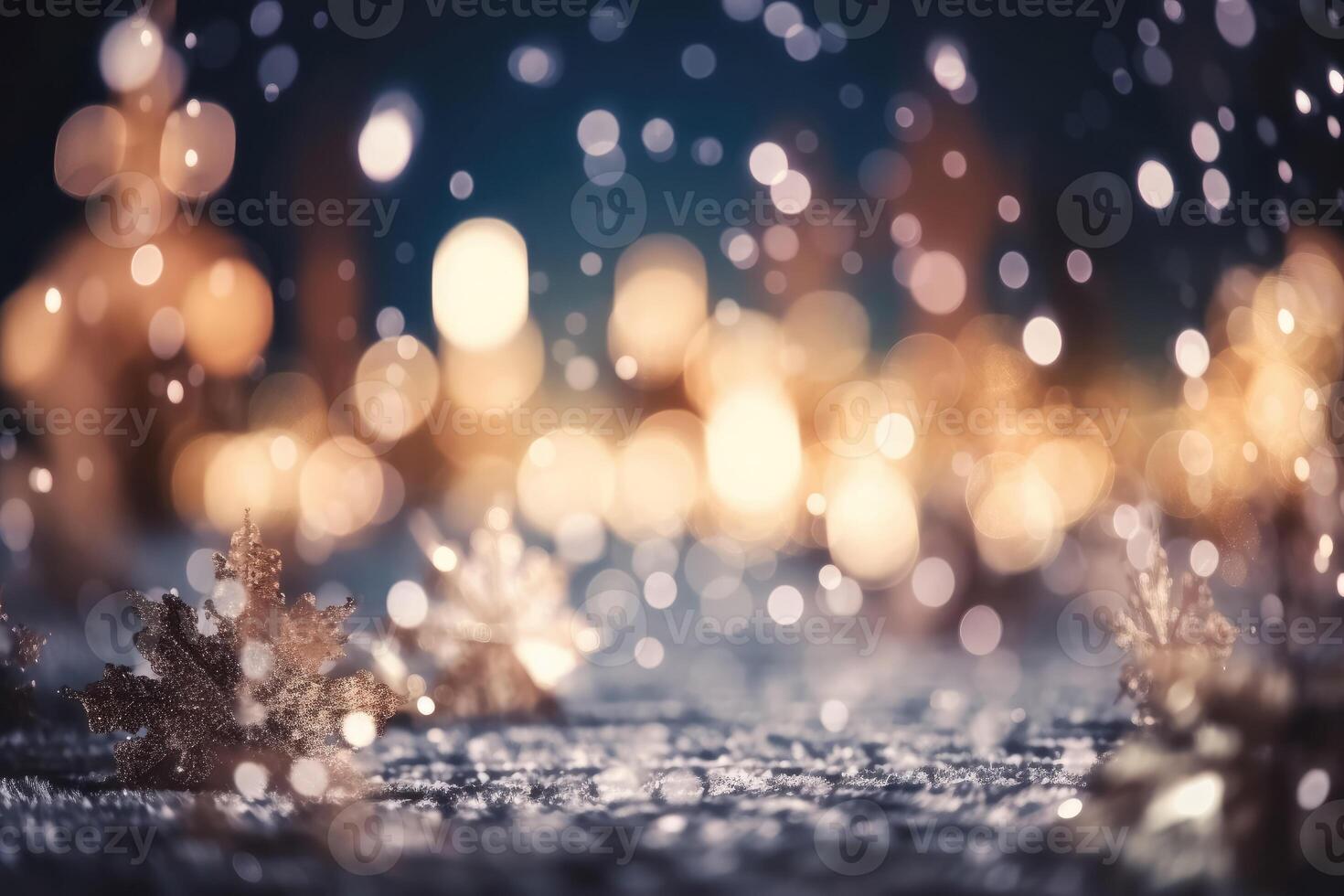 A beautiful christmas background with stars and snowflakes and soft bokeh lights created with technology. photo