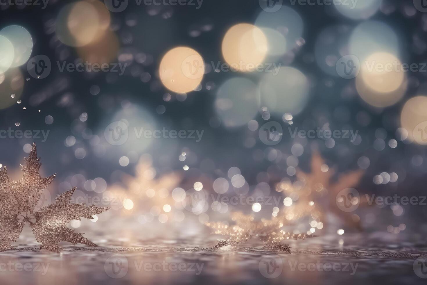 A beautiful christmas background with stars and snowflakes and soft bokeh lights on a light background created with technology. photo