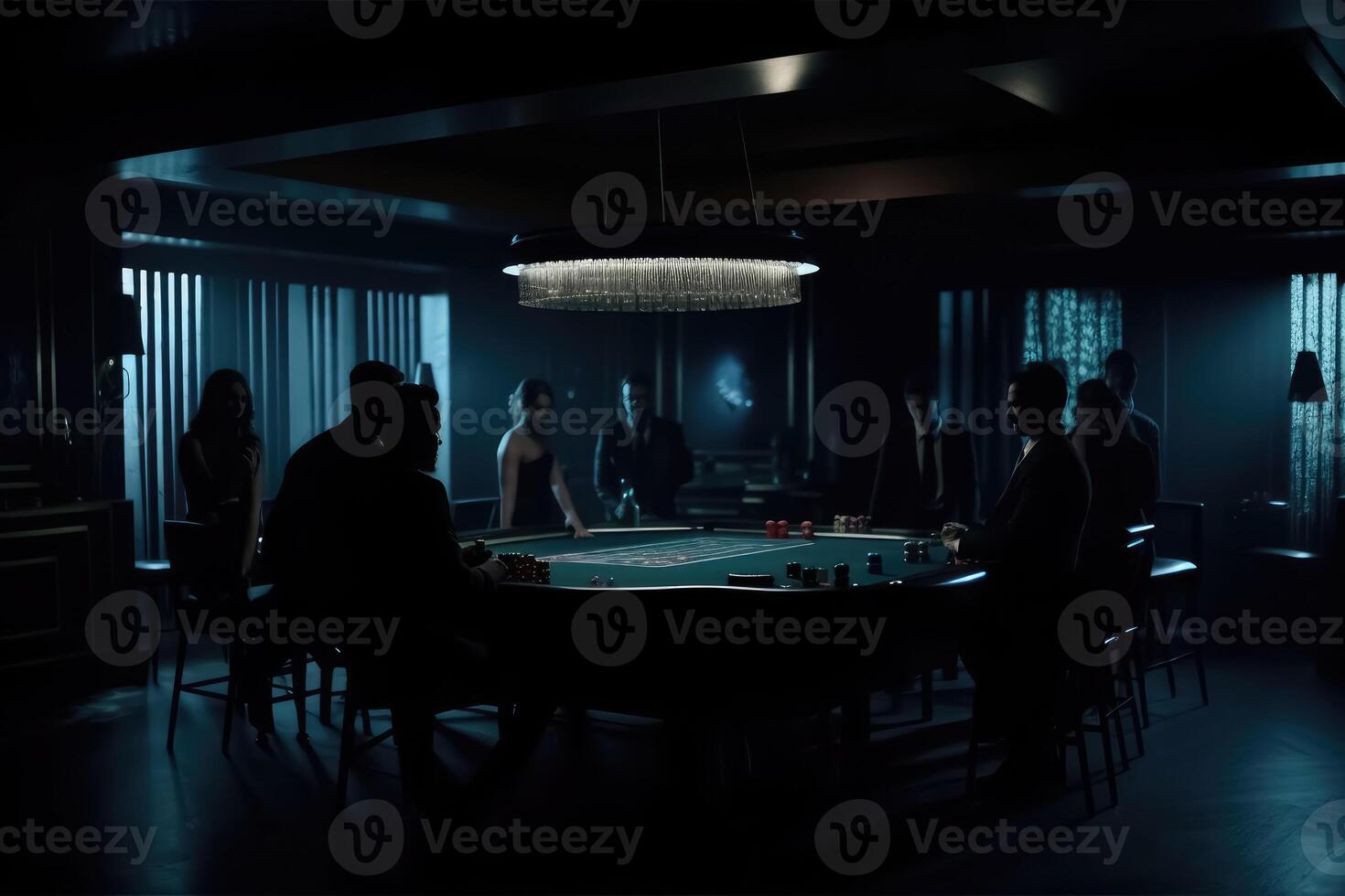 A dark room with the silhouettes of people gambling created with technology. photo