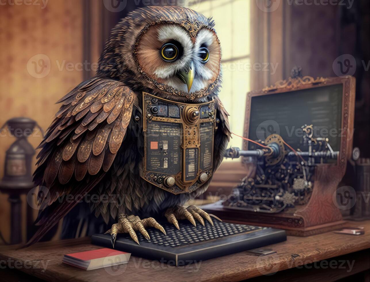 A steampunk owl works very diligently with a computer at a desk made of old wood created with technology. photo