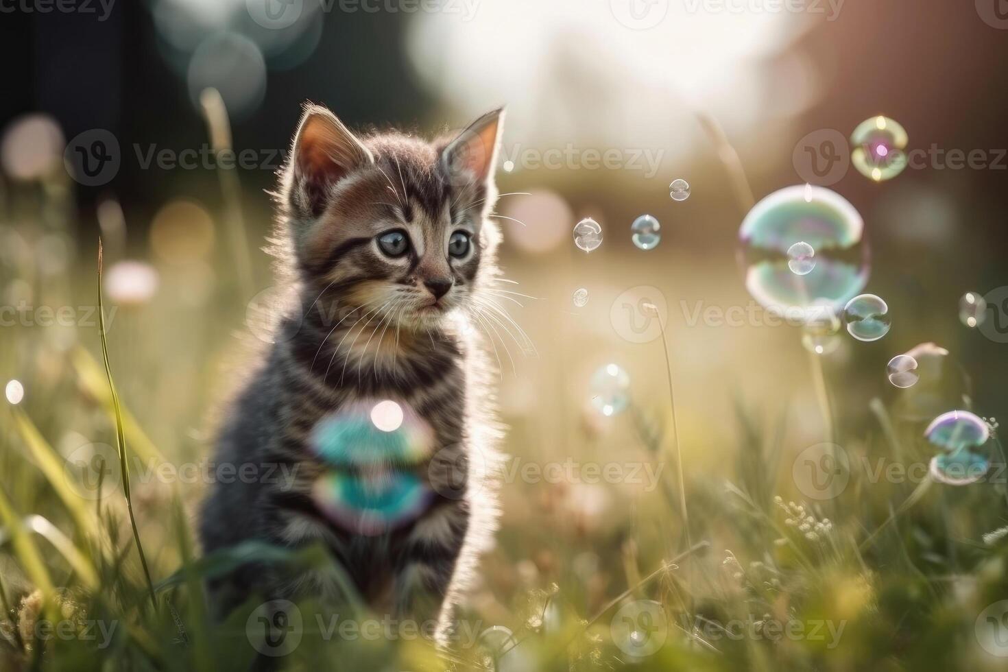A cute kitten plays with soap bubbles in the flat grass created with technology. photo