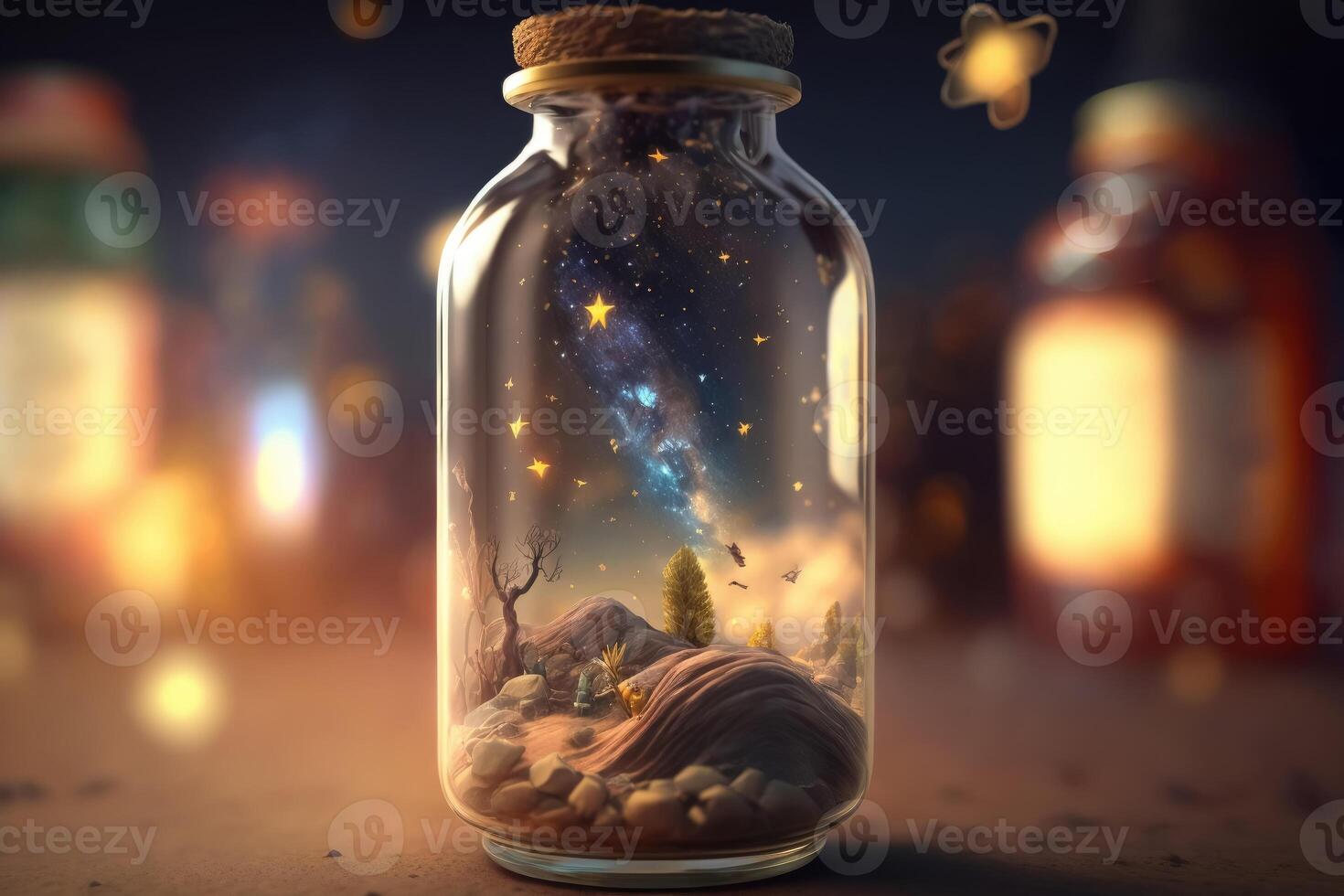 The universe in a glass bottle created with technology. photo