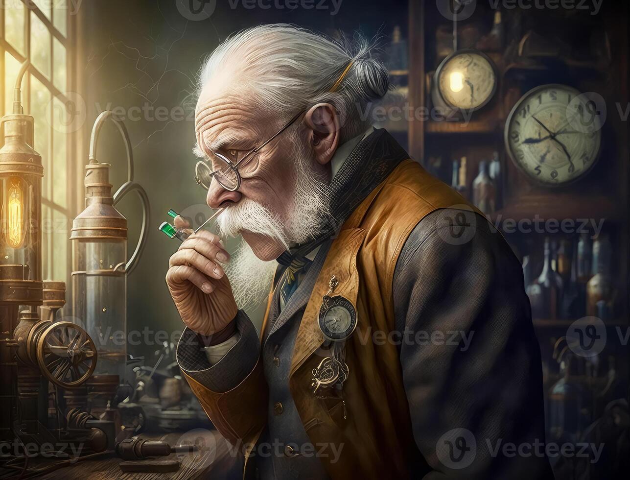 An elderly scientist in a steampunk look in an old lab created with technology. photo