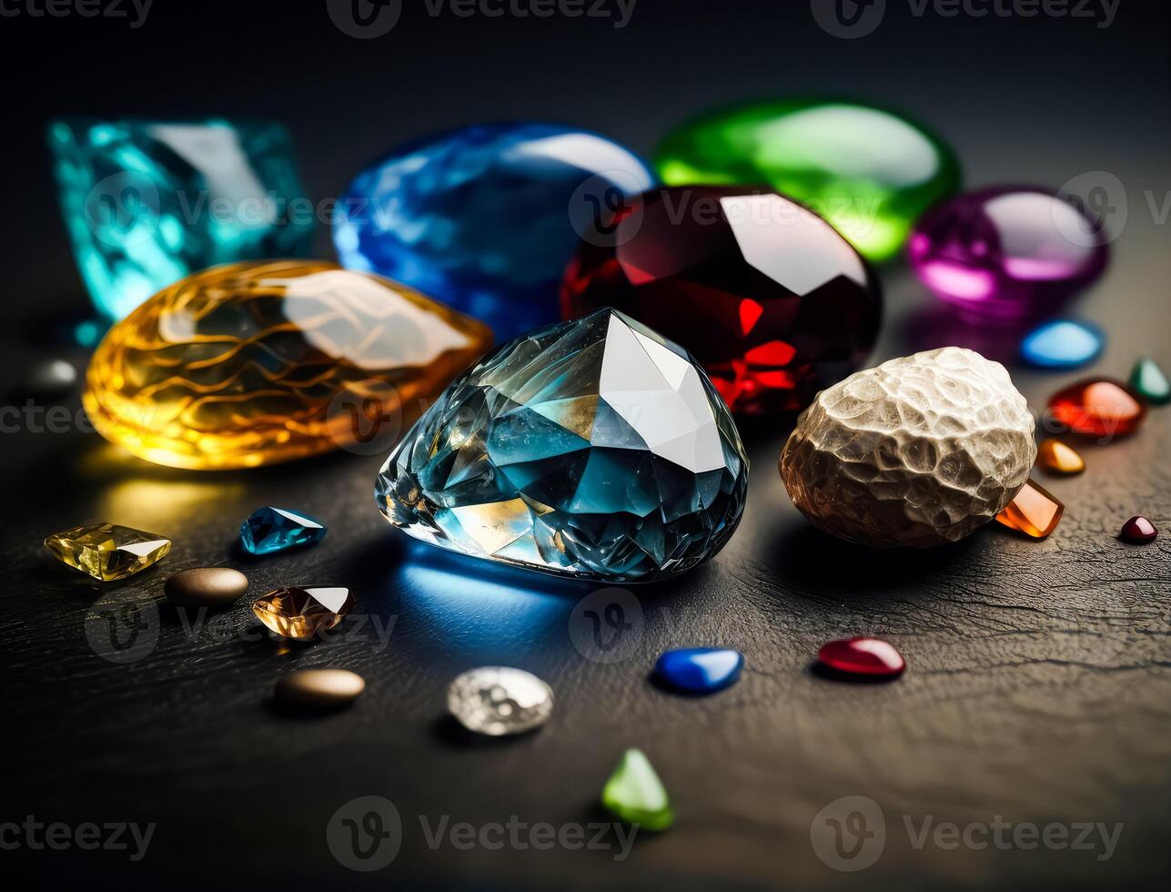 Many different coloured gemstones on a dark table created with technology. photo
