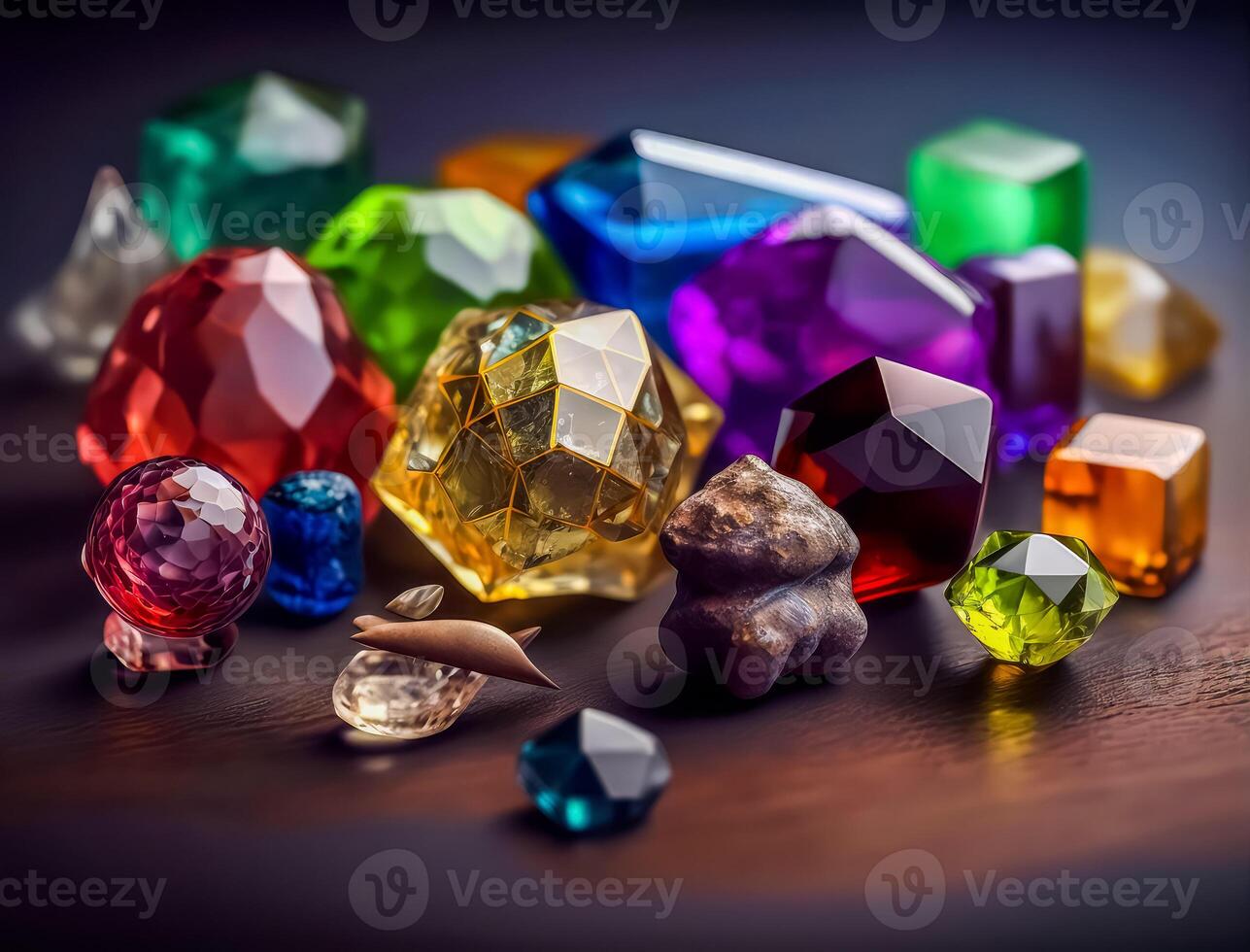 Many different coloured gemstones on a dark table created with technology. photo