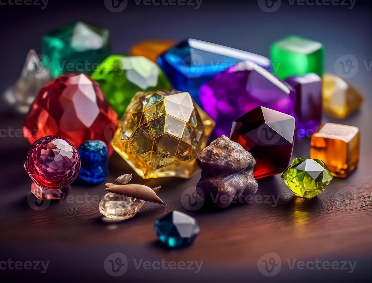 muchos diferente de colores piedras preciosas en un oscuro mesa creado con generativo ai tecnología. foto