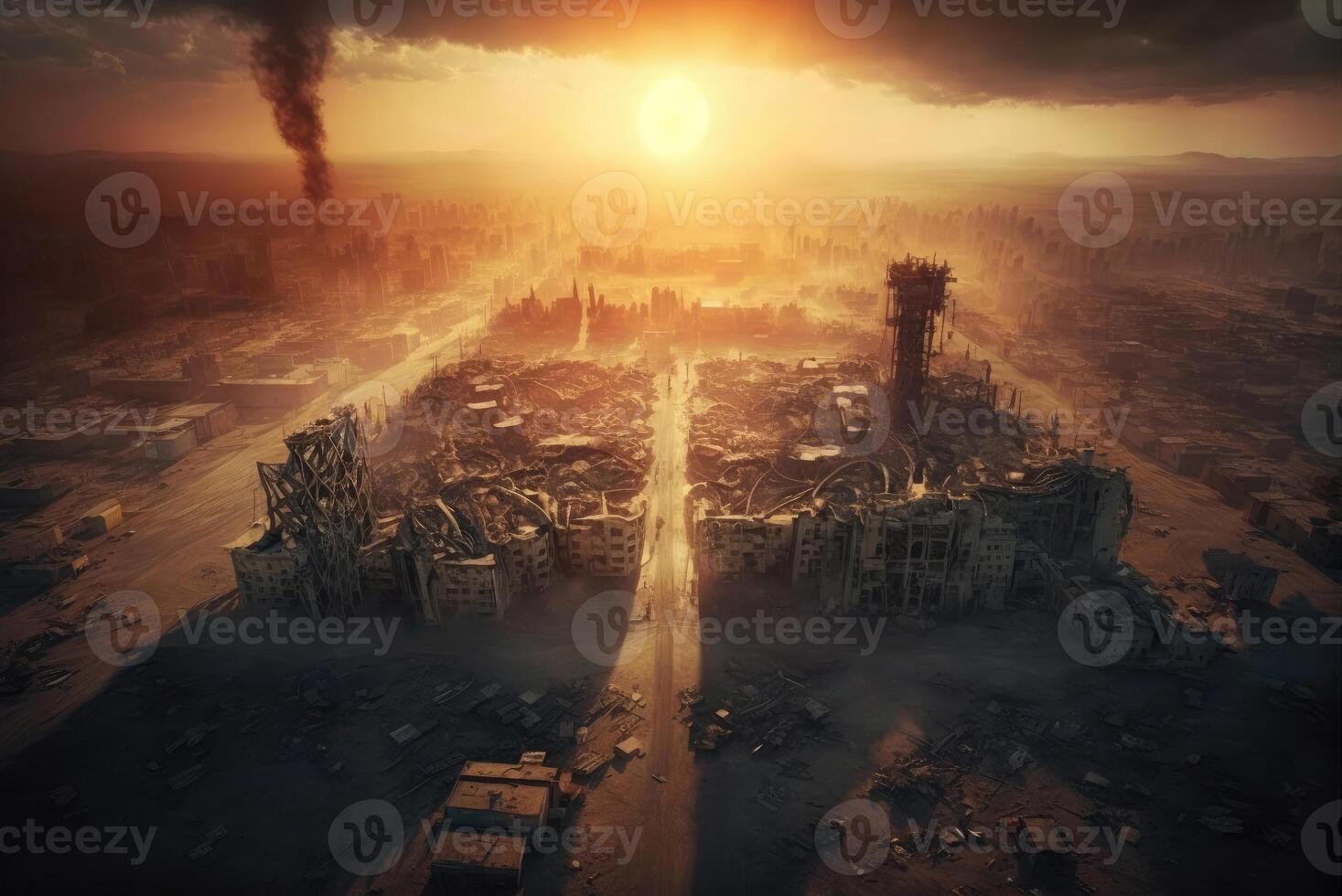 Metropolis after the apocalypse from a birds eye view sunset created with technology. photo