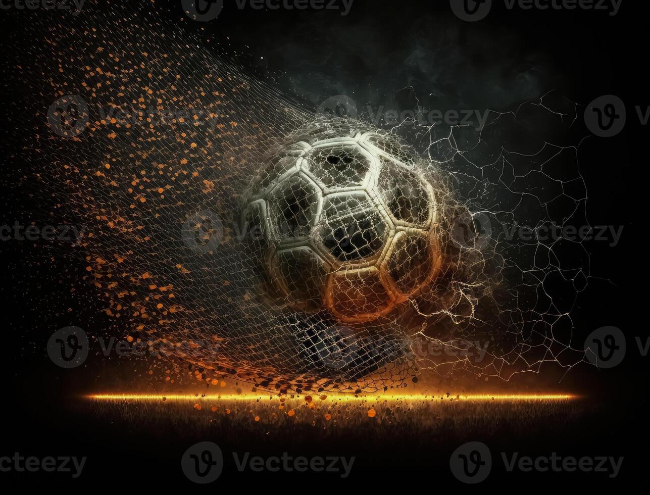 A football made of fire flies towards a football goal created with technology. photo