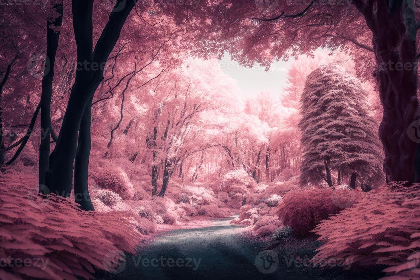 Beautiful pink infrared view into a forest with misty light created with technology. photo