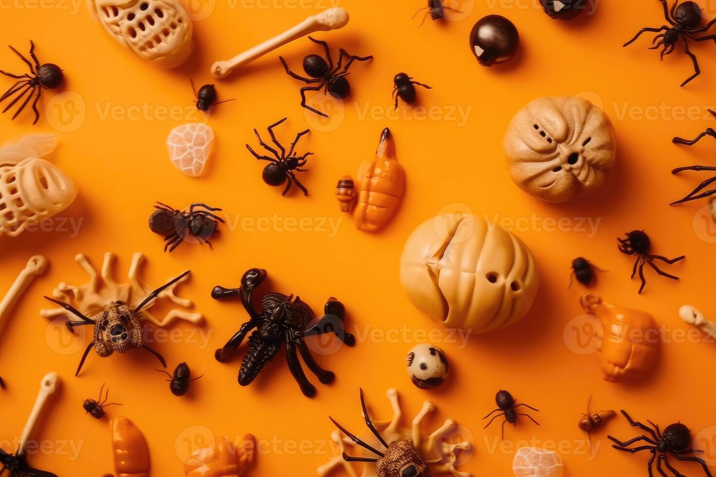 Top view on spooky halloween motifs with bones plastic spiders pumpkins and bats on an orange surface created with technology. photo