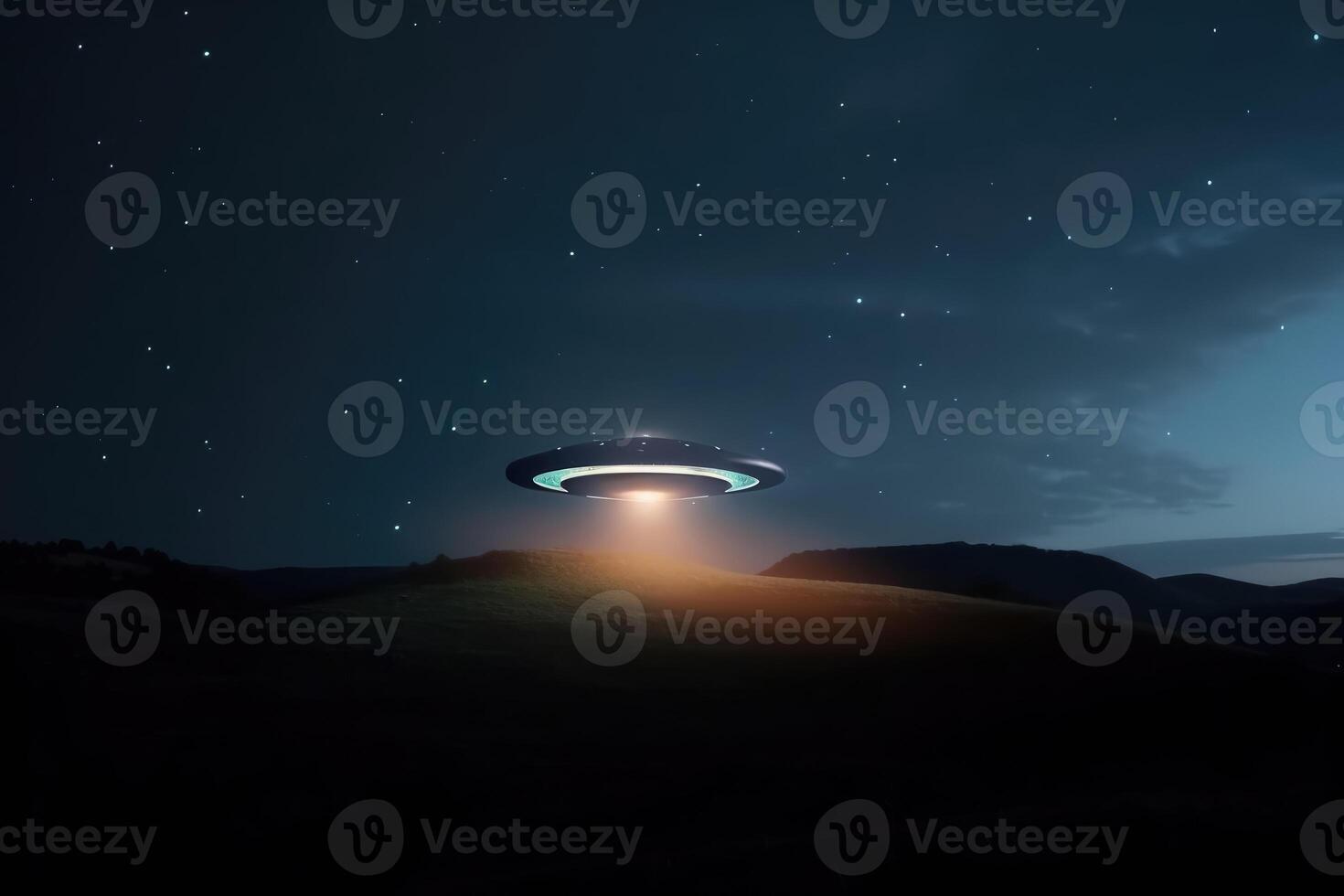 A UFO with a spotlight pointed at the bottom of the landscape - Stars in the sky created with technology. photo