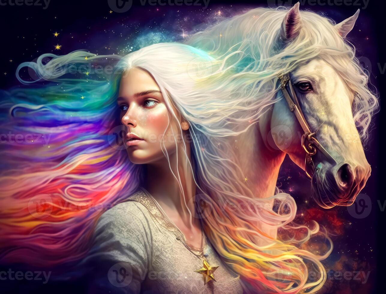 A young beautiful woman with long white hair next to a white horse created with technology. photo