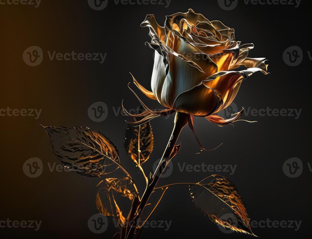 A long-stemmed rose with golden petals against a dark background created with technology. photo