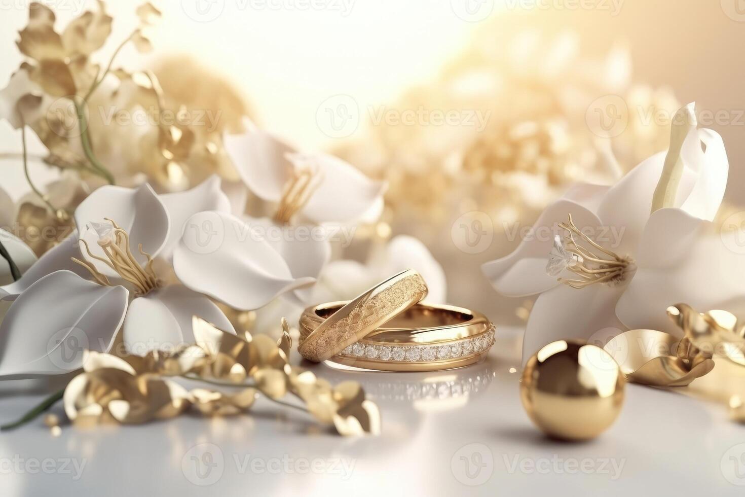 A beautiful wedding background with flowers and gold ornaments on a light background created with technology. photo