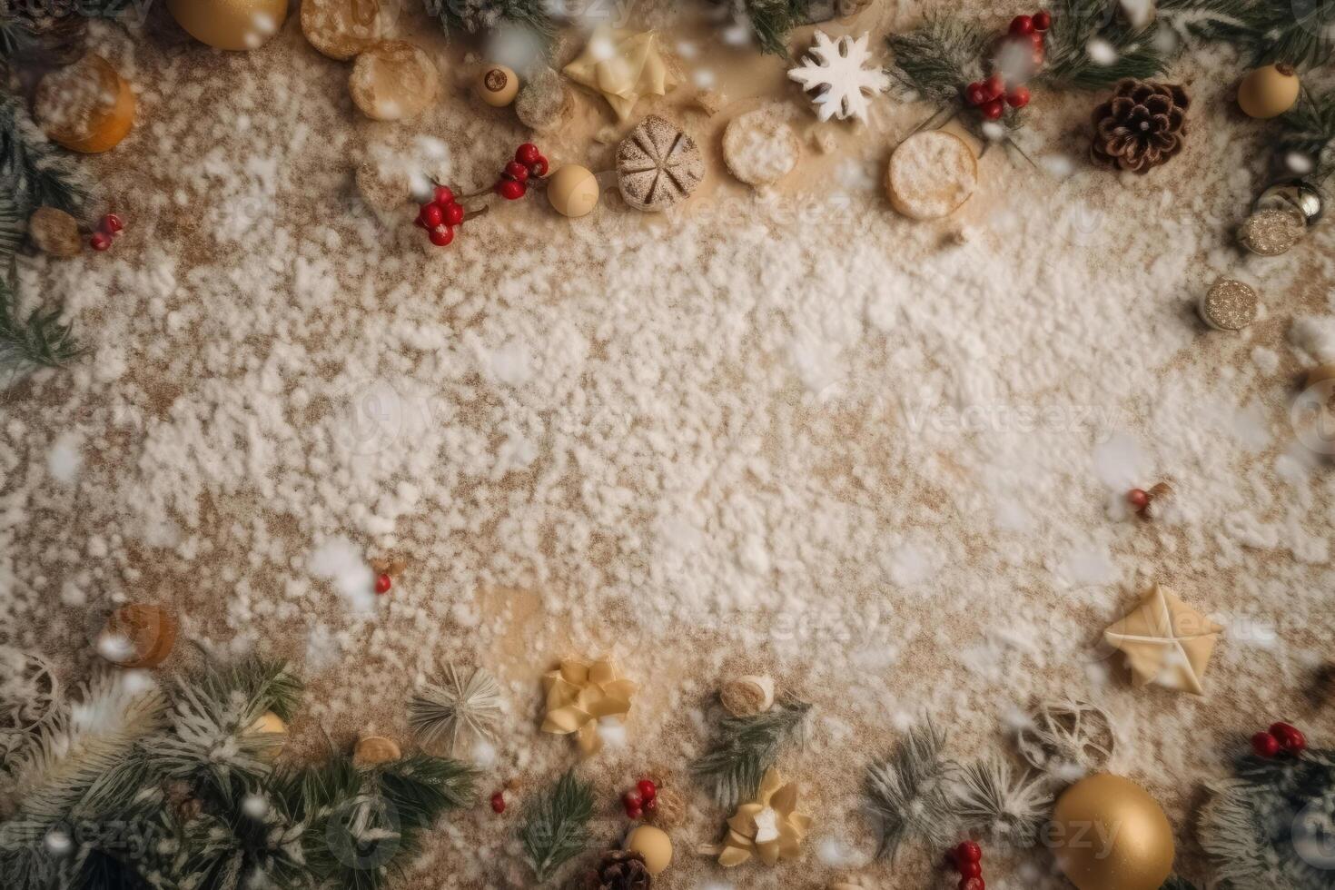 View from above of a snow surface with Christmas motifs created with technology. photo