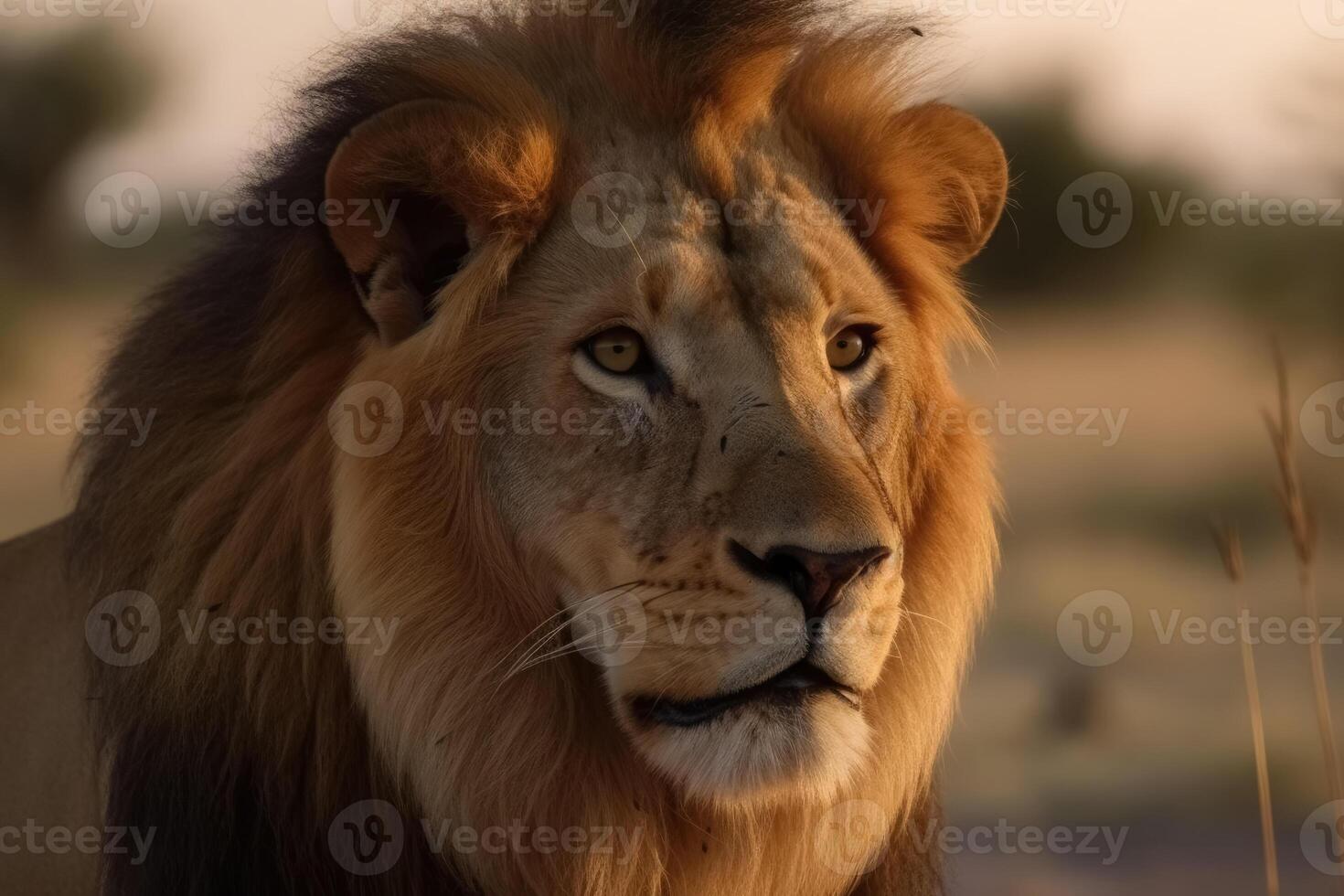 retrato de un fuerte masculino león con el africano sabana en el antecedentes creado con generativo ai tecnología. foto