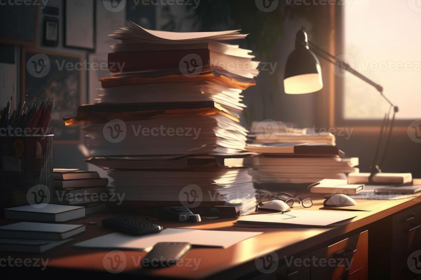 A desk with huge piles of files on it created with technology. photo
