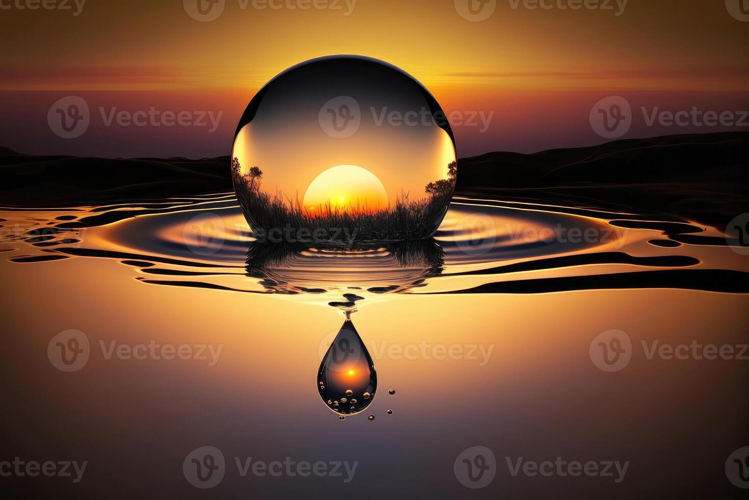 A large drop of water falls into a water surface in the sunset created with technology. photo