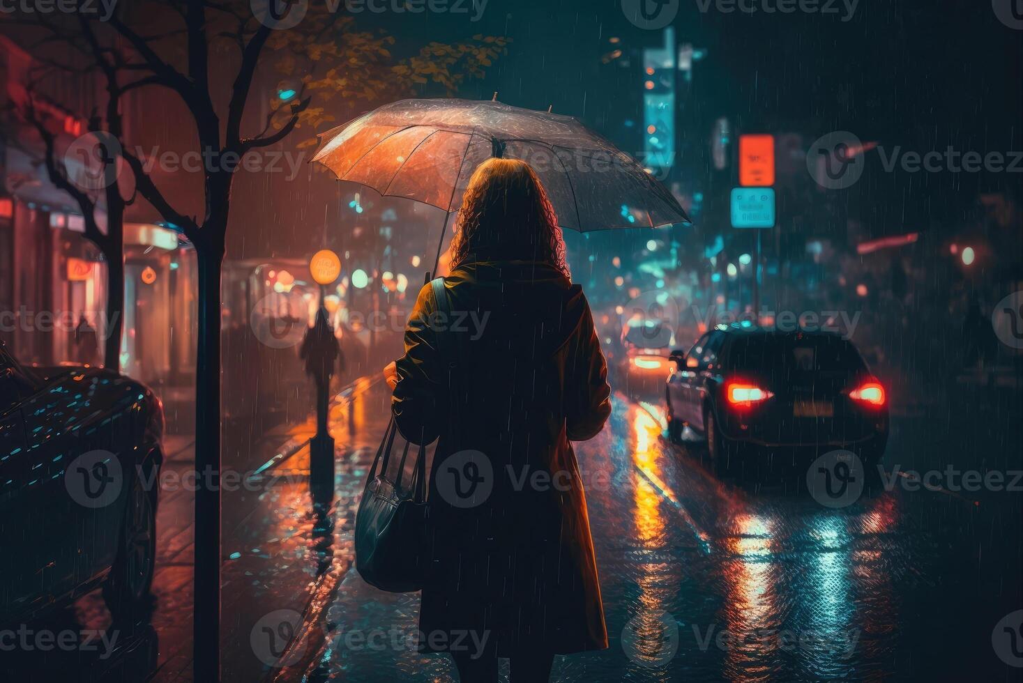 A young woman with an umbrella walks in a modern city at night and heavy rain created with technology. photo