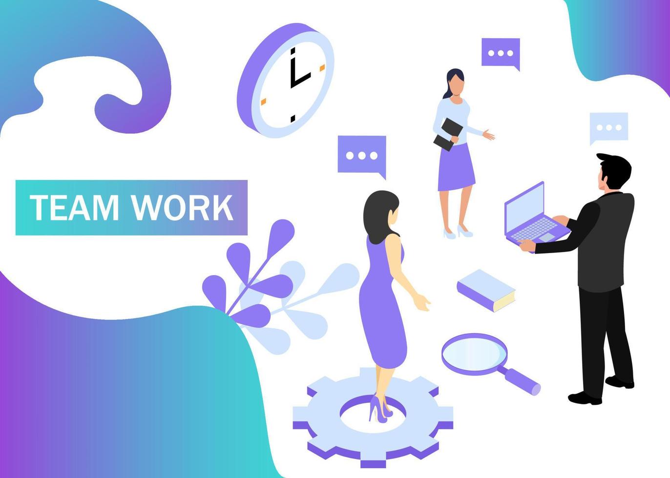 Teamwork concept in violet colors. Use for web banner, infographics, strategies. Isometric projection. Vector illustration