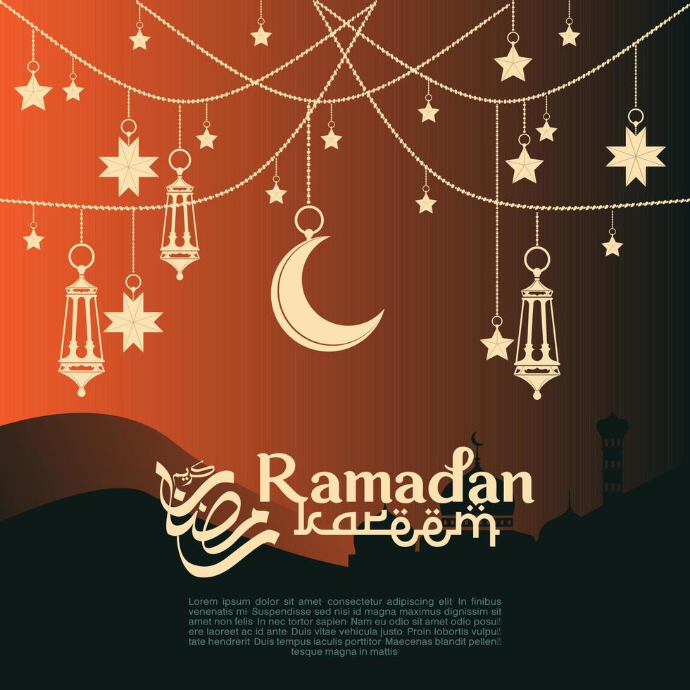 mosque, moon and stars on a blue background. the silhouette of the moon, stars and lanterns. can be used as a card, web, and background. vector