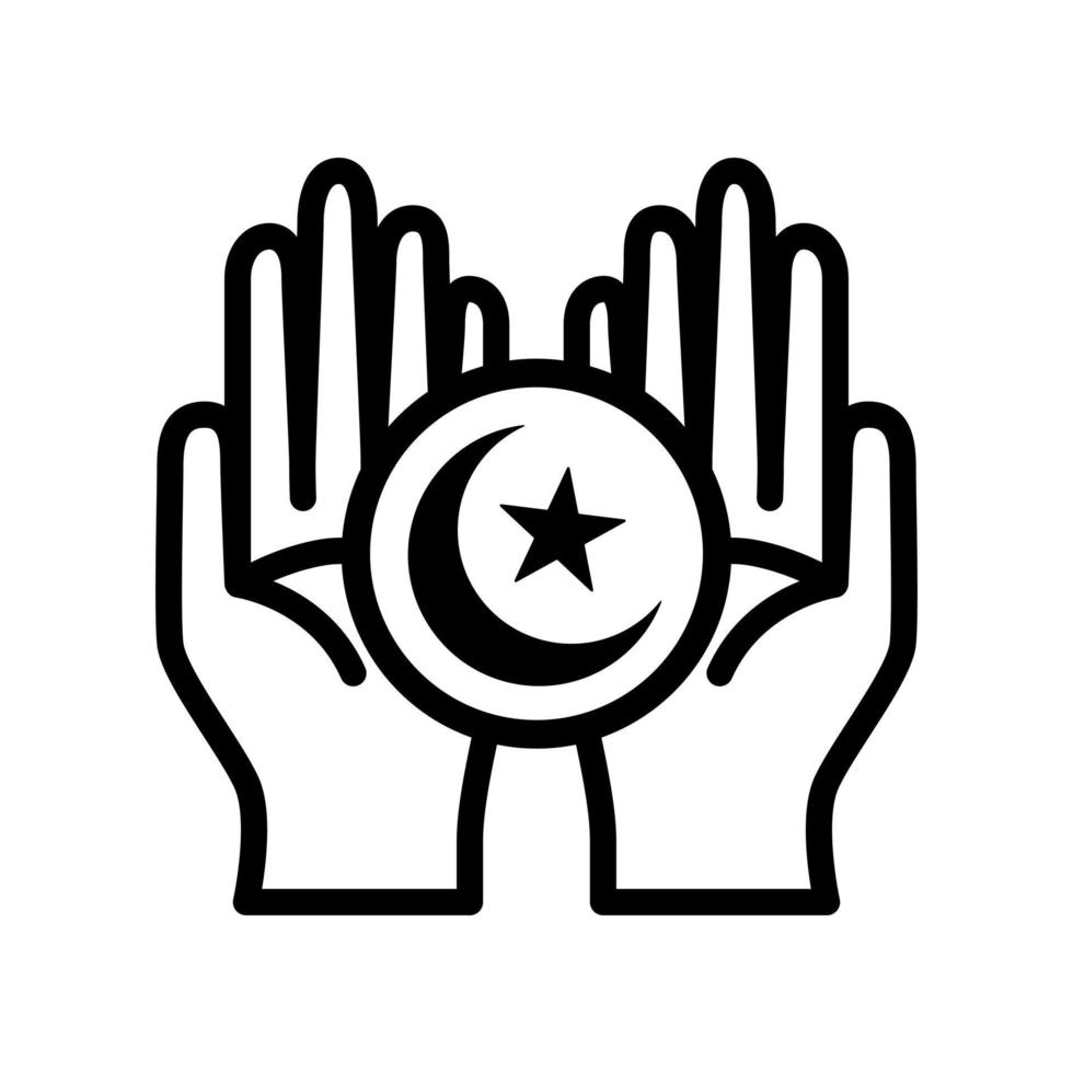 illustration of praying hands holding crescent and star symbols.  Islamic icons can be used for the month of Ramadan, Eid and Eid Al-Adha. for logo, website and poster designs. isolated vector. vector