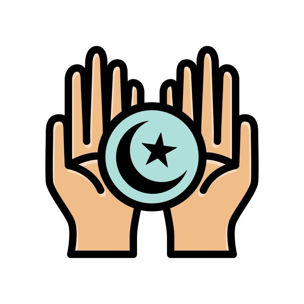 illustration of praying hands holding crescent and star symbols.  Islamic icons can be used for the month of Ramadan, Eid and Eid Al-Adha. for logo, website and poster designs. isolated vector. vector