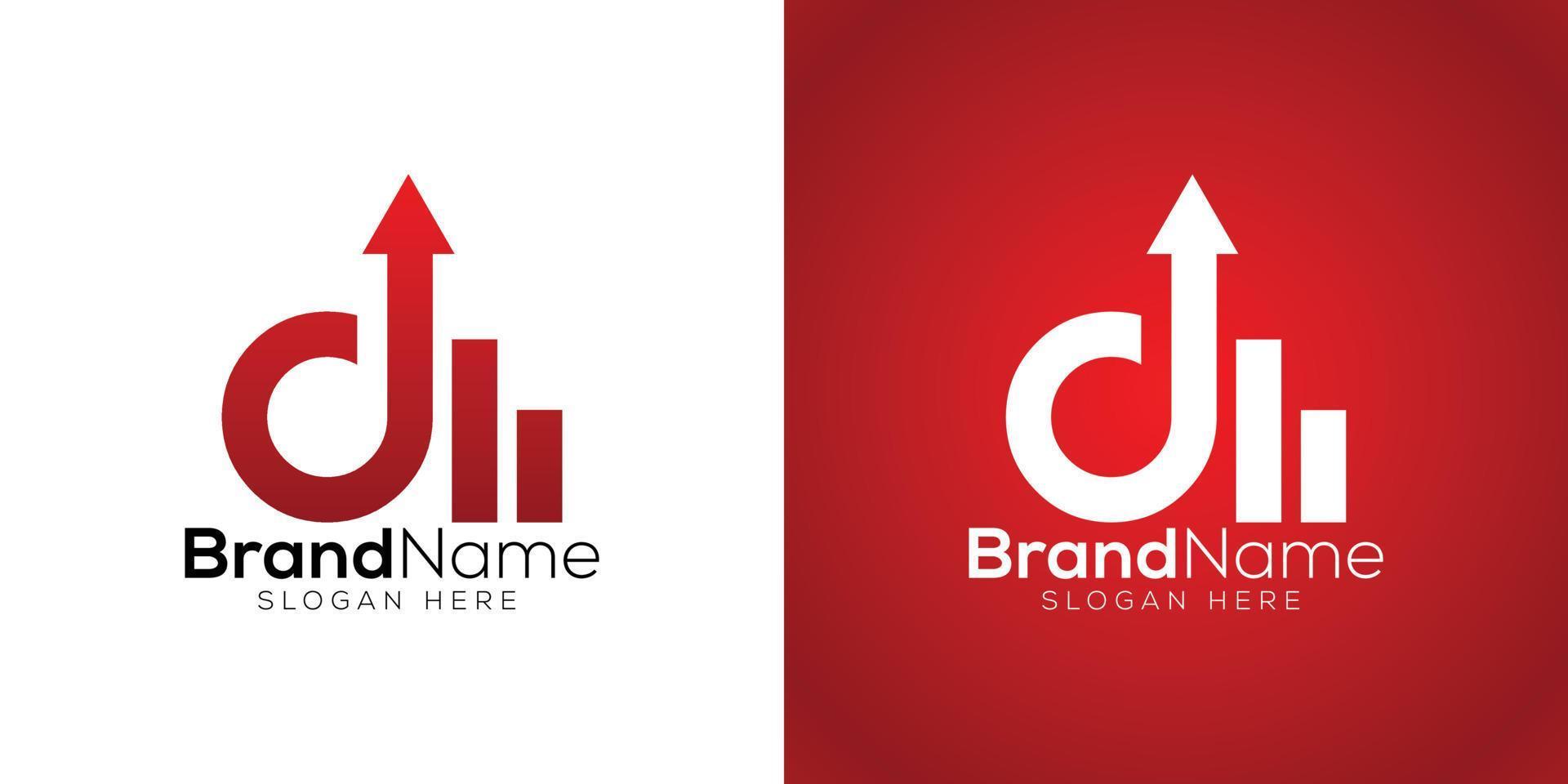 Letter D M marketing arrow icon logo design template on white and red background vector