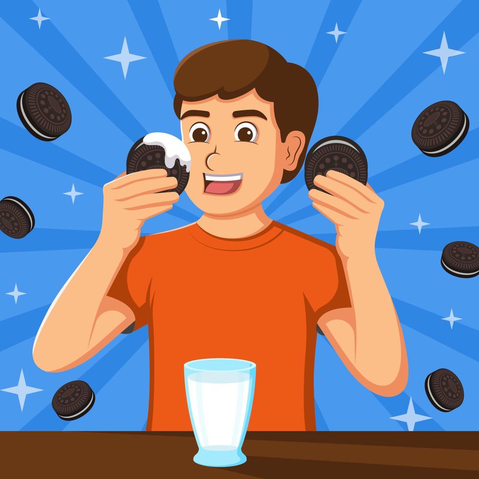 Boy Enjoys Cookies with a Glass of Milk vector