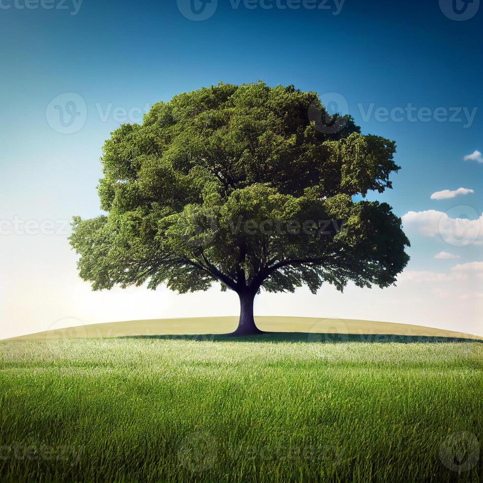 Oak tree on green field, illustration photo
