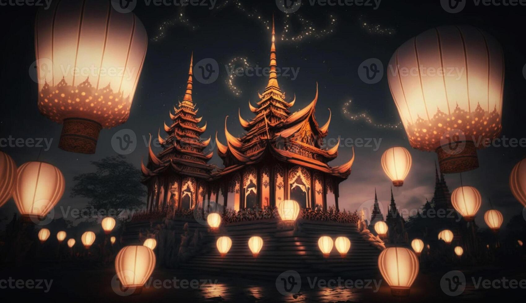 Vesak festival, a Buddhist temple with flying lanterns photo