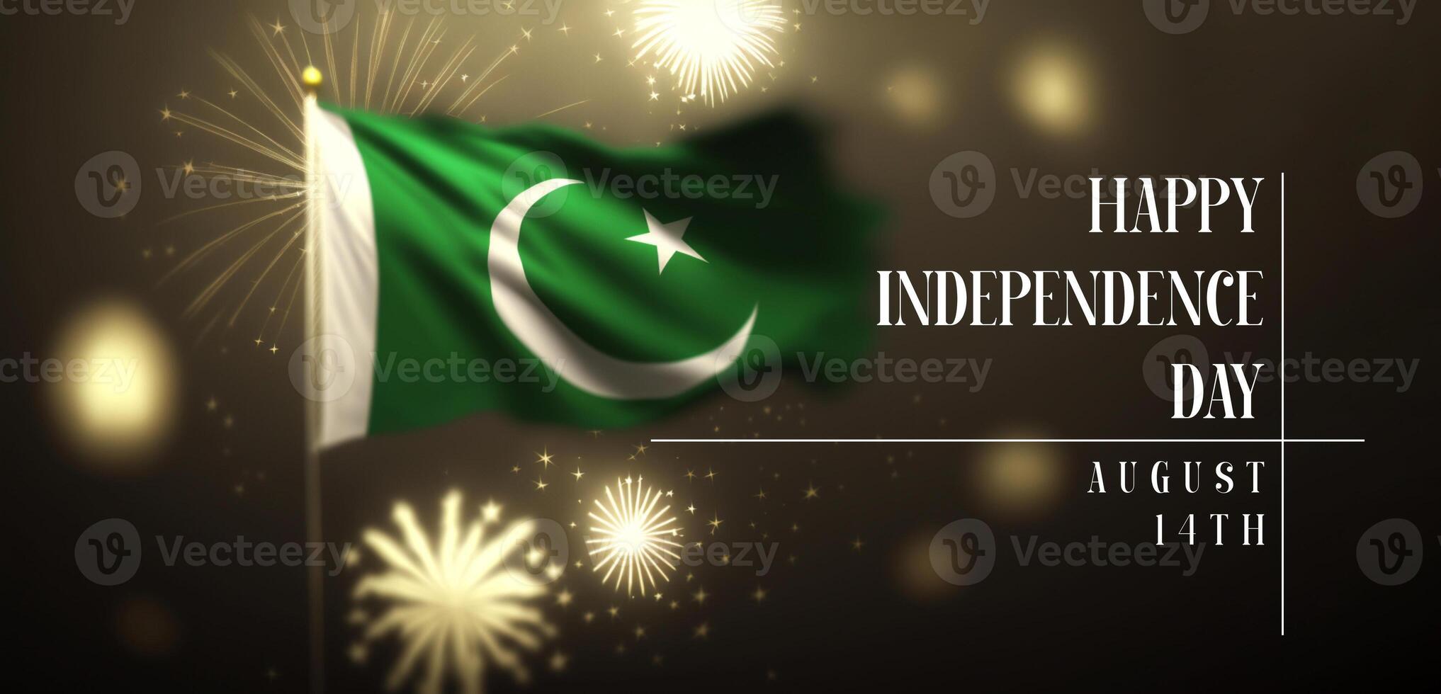 Independence day Pakistan banner with a flag on dark background with some fireworks and celebratory vibes photo