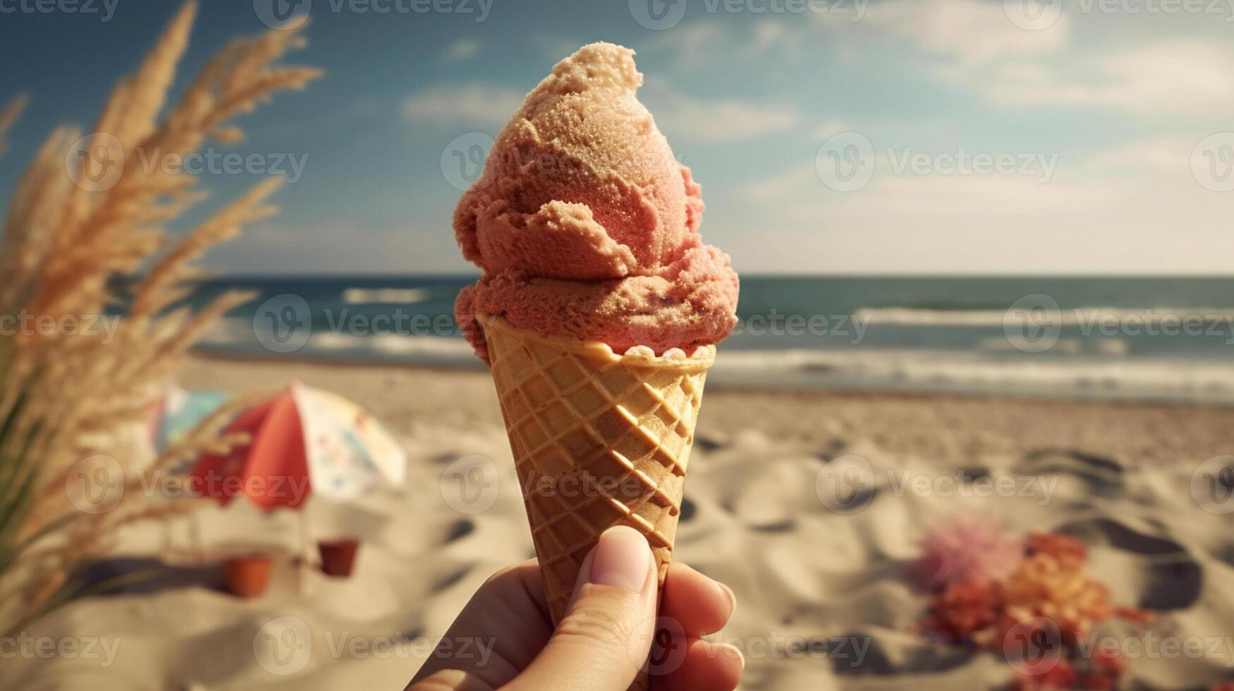 hand holding ice cream flavors on seaside, beach with palm trees and summer vibes photo