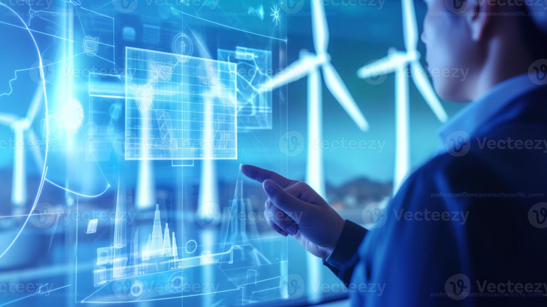 Engineer using AI to inspect wind turbines by examining the quality and efficiency of electricity generated through the hologram HUD, Energy conservation photo