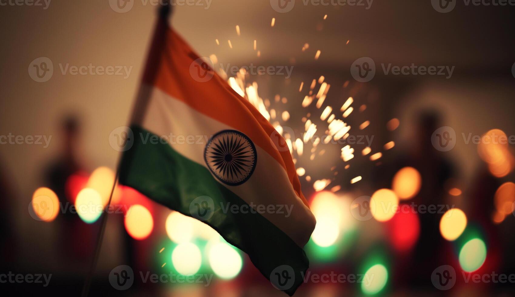 independencia día India bandera con un bandera en oscuro difuminar antecedentes con fuegos artificiales ai generado foto