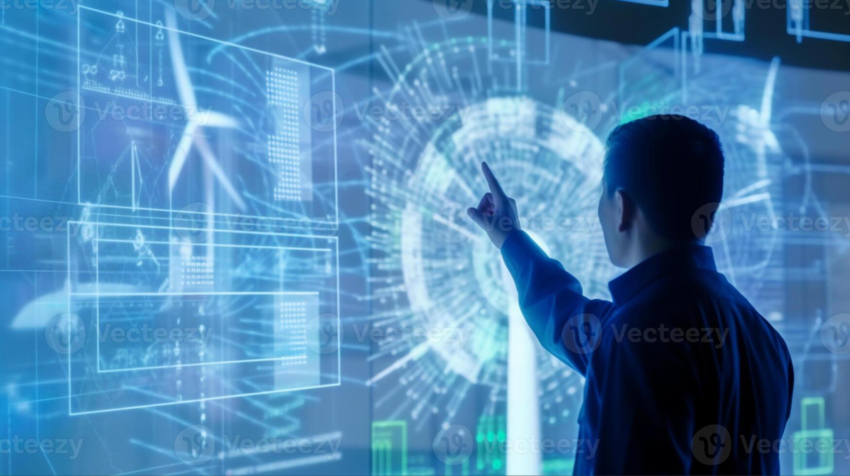 Engineer using AI Artificial Intelligence to inspect wind turbine by examining the quality and efficiency of electricity generated through the hologram HUD, Energy conservation photo