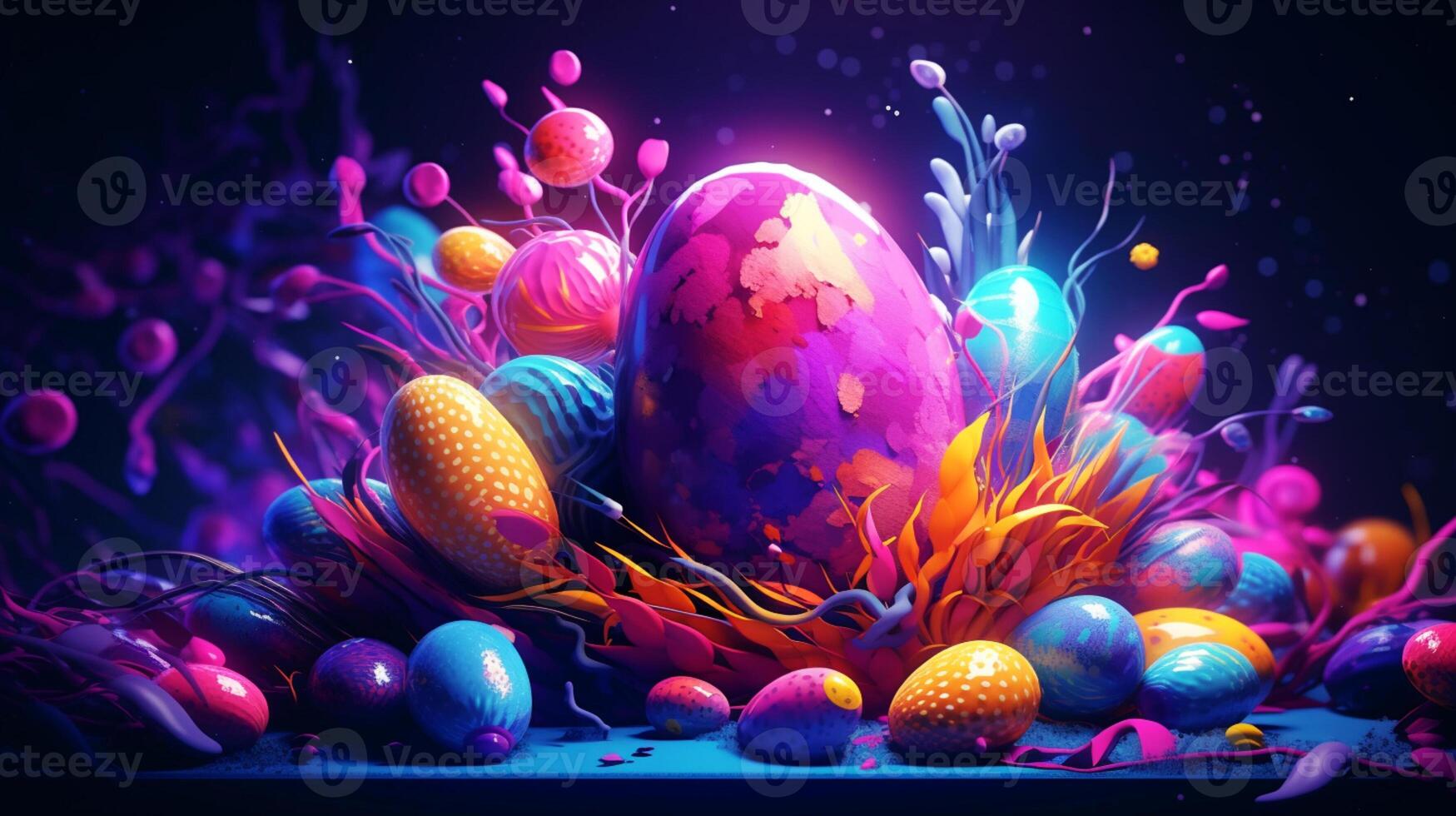 Neon Easter egg basket overflowing with bright colors surrounded by sparkles and confetti. - bright and bold neon colors are fun and playful, perfect for Easter photo