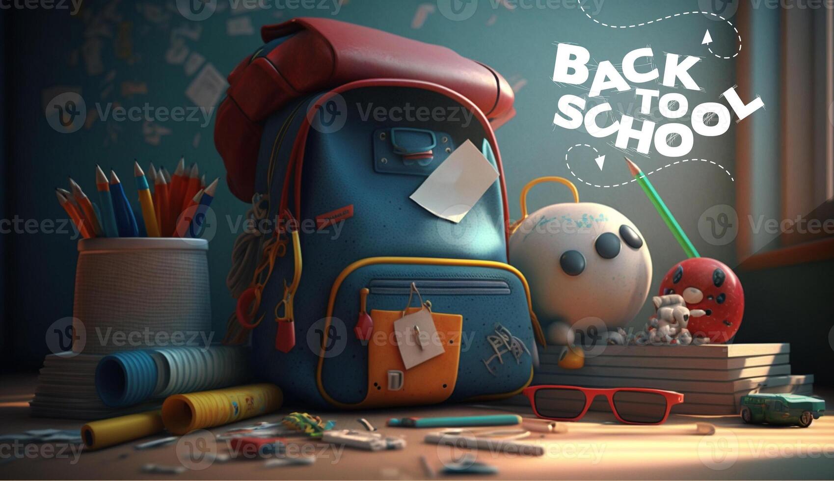 back to school, kids pencil colors, markers and crayons, bag and books background photo