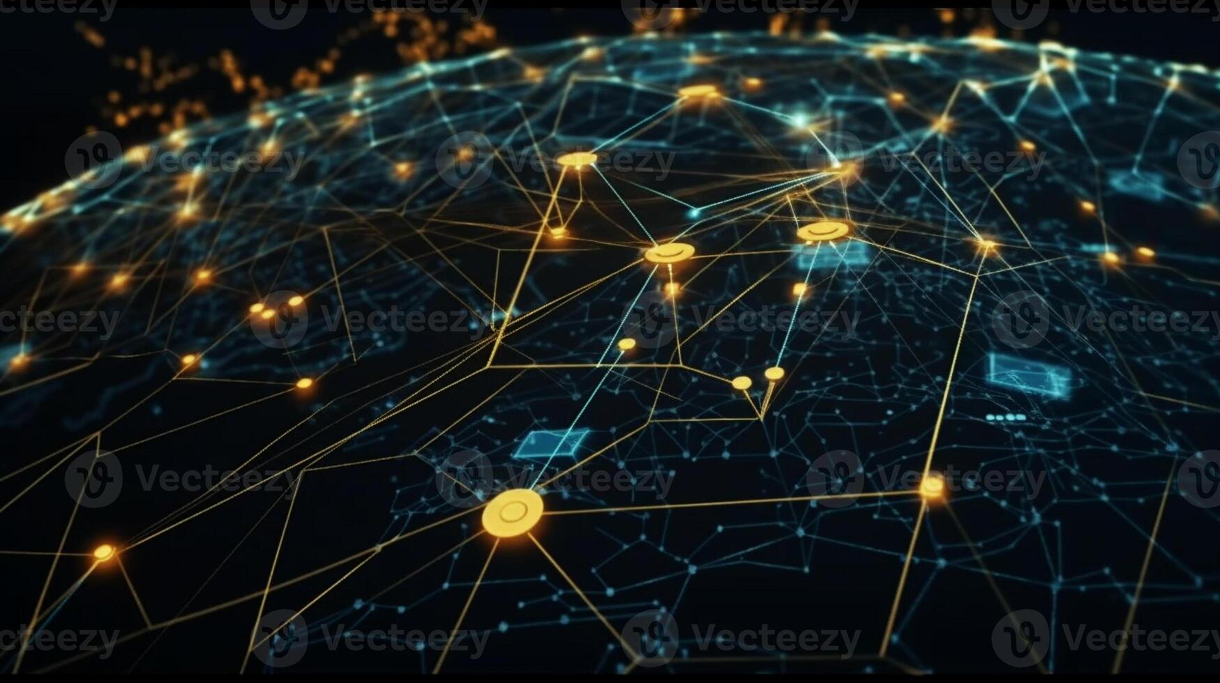 tech background UI, trading lines, blue and yellow, network with connecting dots polygons photo