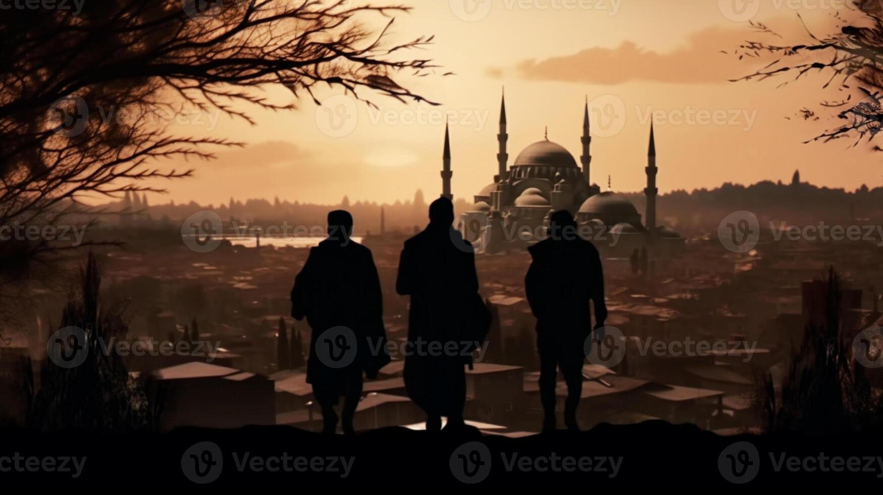 3 persons going to the mosque in turkey, view of the city silhouette exotic and vibrant photo